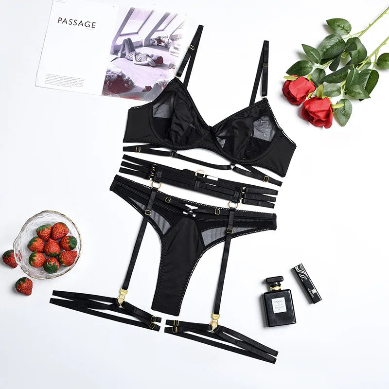 Yimunancy 3-Piece Black Bra Set Women Patchwork See Through Mesh Lingerie Set Ladies Sexy Panty Underwear Set