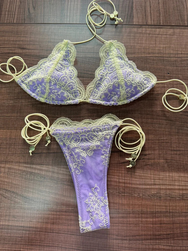 ZRTAK Triangle Bikini Set Sexy Swimwear Women 2025 Bikinis Floral Print Swimsuit Micro Thong Bandage Bathing Suits