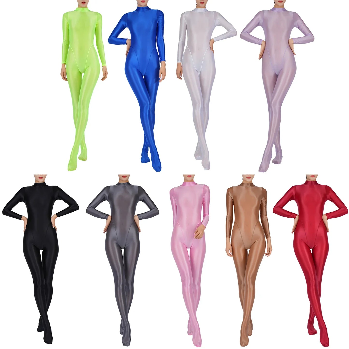 Womens Glossy Full Body Jumpsuit See Through Sheer Catsuits Bodystockings Long Sleeve Footed One Piece Gym Yoga Tights Bodysuit