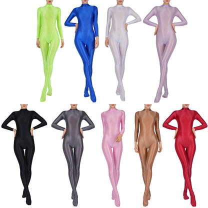 Womens Glossy Full Body Jumpsuit See Through Sheer Catsuits Bodystockings Long Sleeve Footed One Piece Gym Yoga Tights Bodysuit