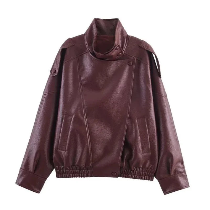 Street Stand Collar Women's Leather Jacket Loose Long Sleeve Zipper Pockets Chic Female Coats 2025 Autumn Winter Lady Outerwear