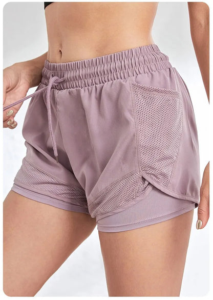 Women's Elastic Sports Shorts, Shorts With Pockets, Fake Two-Piece Yoga Leggings Running And Training
