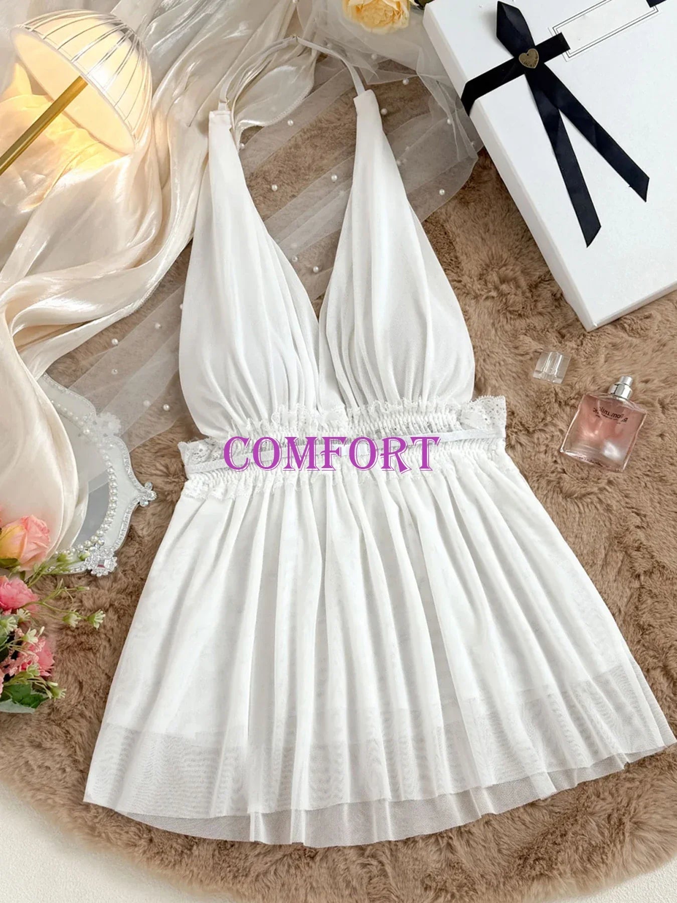 Sexy Lace Splicing Mesh Halter Deep V Backless Lingerie Nightgown for Women All-Season Homewear Comfortable Women's Dress
