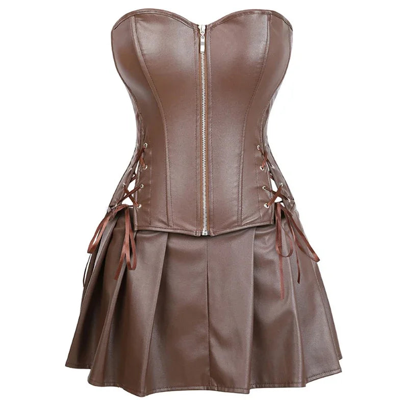 Faux Leather Corset Top Women Leather Corset Dresses Zipper Gothic PU Leather Corset Sexy Ladies Eyelet Up Pleated Dress Corsets