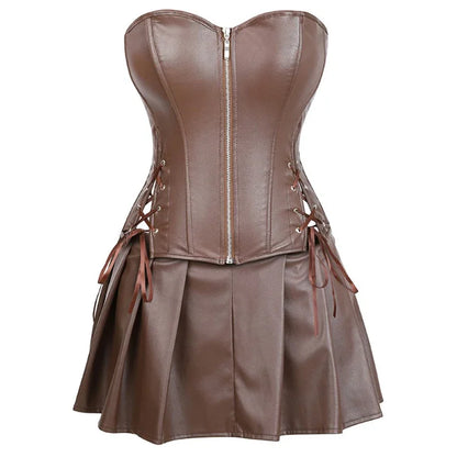 Faux Leather Corset Top Women Leather Corset Dresses Zipper Gothic PU Leather Corset Sexy Ladies Eyelet Up Pleated Dress Corsets