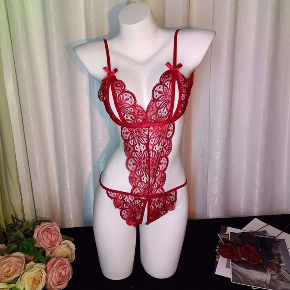 Sweet Deep V Neck Lace Bow Bodysuit Mesh Hollow Transparent Women Lingerie Jumpsuits Sleeveless Lace Sling Nightwear Gifts