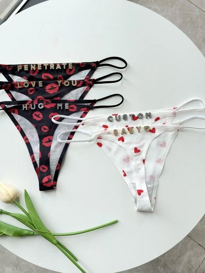 Custom Thong Name Letter Panties tanga Sexy Love Lips Pattern Personalized G-String Girlfriend Wife Valentines Christmas Gift
