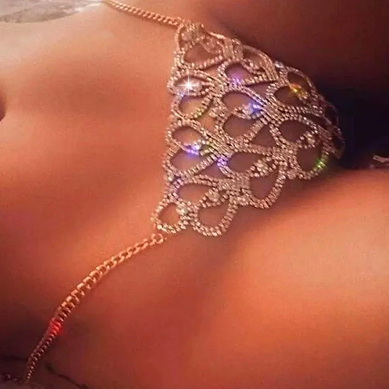 Wholesale Sexy Rhinestone Chain Body Lingerie Set Heart Body Jewelry for Women Fashion Bikini Underwear Bling Crystal Bra Thong