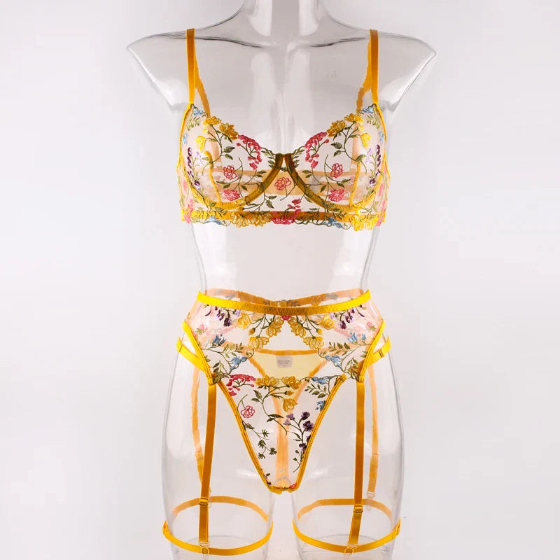 Sexy Women's Lace Lingerie 3Pcs Sets Fancy Flowers Embroidery Transparent Bras And Thongs Underwear Set Erotic Intimate Suits ﻿