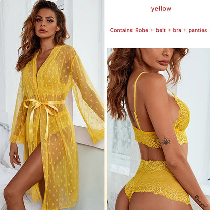 Women's Sexy Sheer Lace Robe+Lace Bra+Panty Lingerie Set See Through Kimono Lingerie Dress Lace Gown Sleepwear