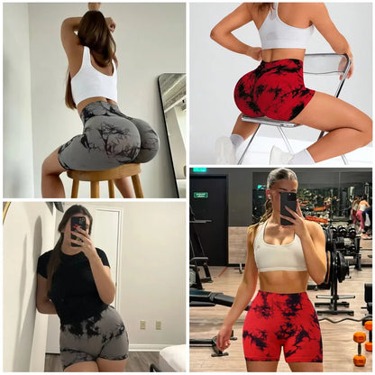 2pcs Women's High-Waist Tie-Dye Yoga Shorts - Seamless, Booty Lifting, Stretchy Nylon & Spandex Blend, Red & Grey