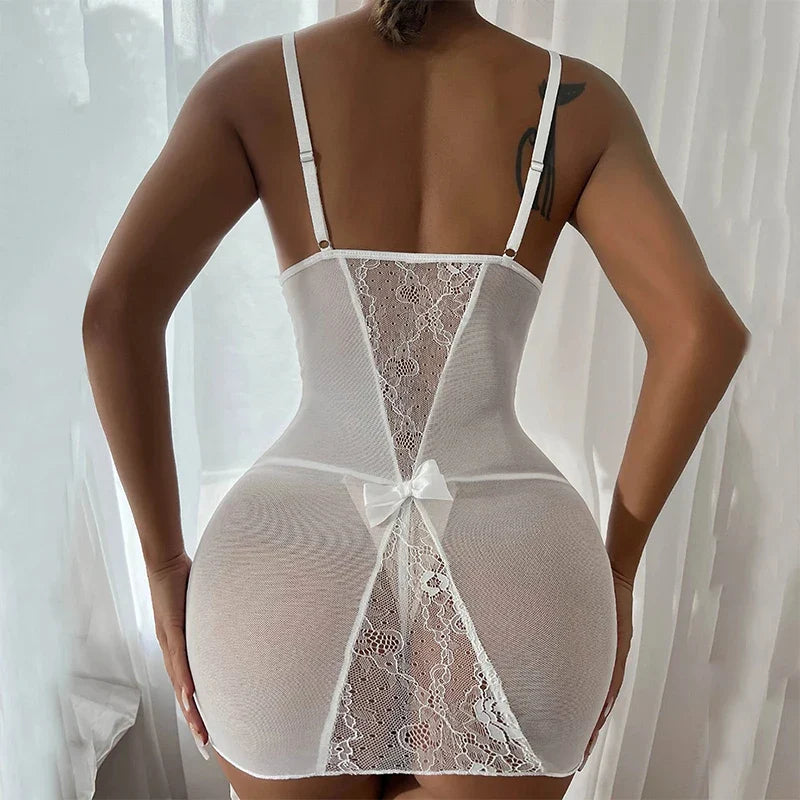 Sexy Transparent V-neck Lace Up Evening Lingerie Women Underwear Doll Pornographic Erotic Dress Seductive Skirt Garter Belt Sets