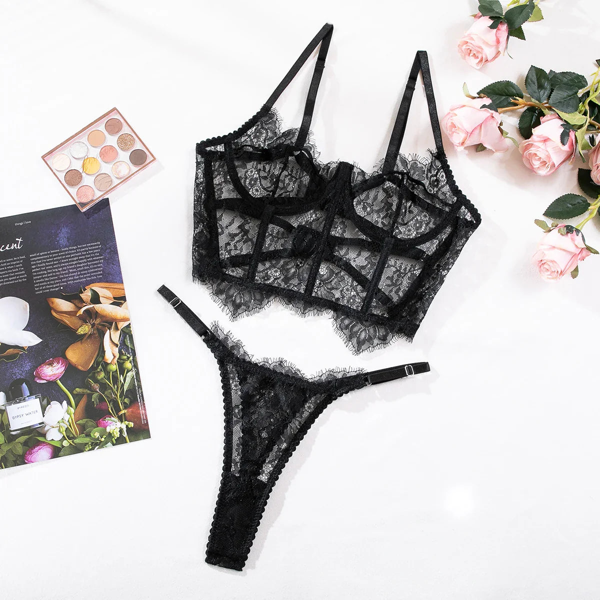 Krasapt Sexy Black Lace Lingerie Two Piece Sets Fancy Lace Underwear Erotiic Bras And Panties Transparent Attractive Bilizna Set