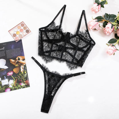Krasapt Sexy Black Lace Lingerie Two Piece Sets Fancy Lace Underwear Erotiic Bras And Panties Transparent Attractive Bilizna Set