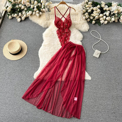 Sexy Lace Gauze Patchwork Strap Bodysuit Hollow Sleeveless Slim backless Women Erotic Lingerie Hotsweet Bow Night Maid Cosplay