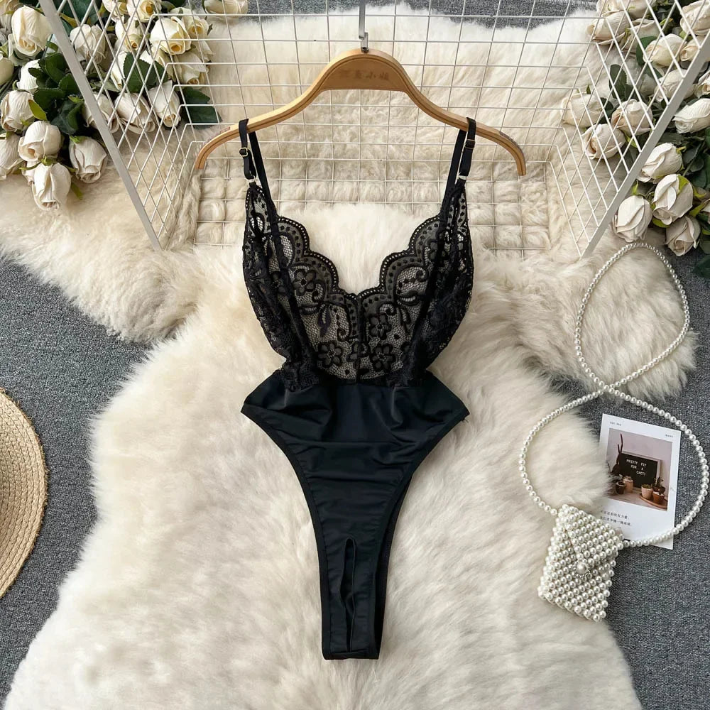 Sexy Lace Gauze Patchwork Strap Bodysuit Hollow Sleeveless Slim backless Women Erotic Lingerie Hotsweet Bow Night Maid Cosplay
