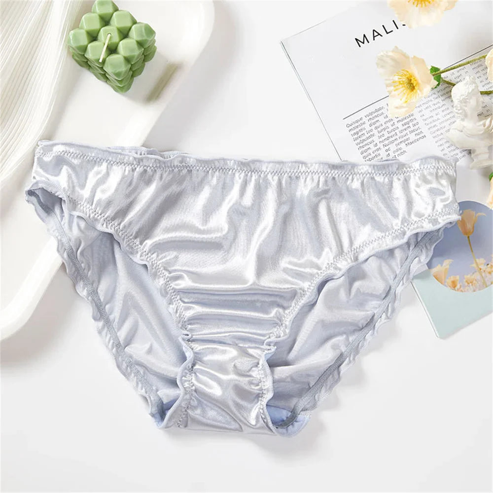 Ladies Frill Trim Satin Ice Silk Seamless No Show Underwear Invisible Briefs Plus Size Women's Panties S/M/L/XL