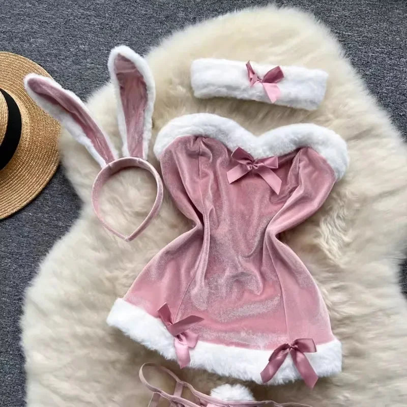 Sweet Red Bunny Lingerie Underwear Set Women Sexy Soft Plush Cute Bowknot Sweet Nightgowns Christmas Rabbit Cosplay Costumes New