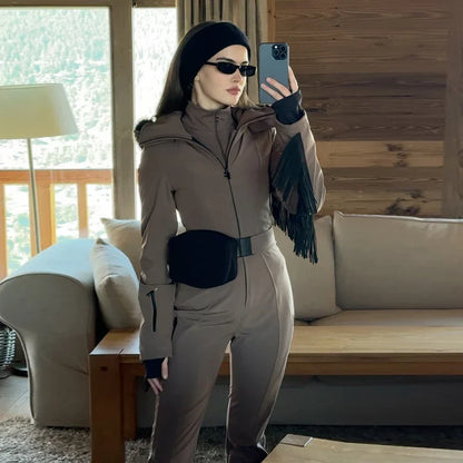 Casual Solid Tassels Women's Ski Suit Zippers Fur Hooded Slim High Waist Lady Jumpsuits 2025 Winter Fashion Female Warm Skiwear