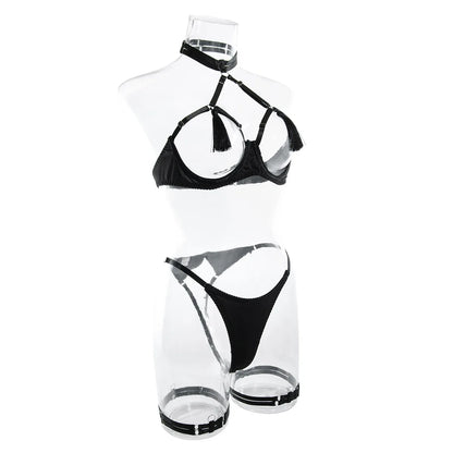Sensual Tassel Lingerie Set Women See Through Halter Cut Out Sexy Bilizna Erotic Set Intimate Naked Back Open Brief Kit