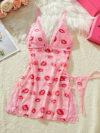 Women Pink Lips Love Print Nightdress Sexy Lace Bow Adult Dress Babydoll Sex Sleepdress And Thongs Lingerie Sets Erotic Outfits