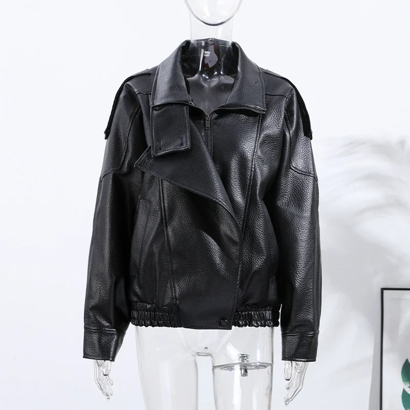 Stand Collar Women's Jacket Full Sleeve Double Button Solid Female Leather Jackets 2025 Autumn Fashion High Street Lady Outwears