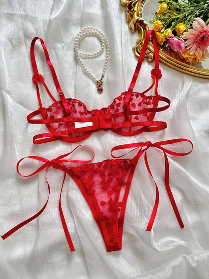 Exotic Fantasy Lingerie Underwire Bra Strap Panties 2Piece Sheer Mesh Embroidery Underwear for Women
