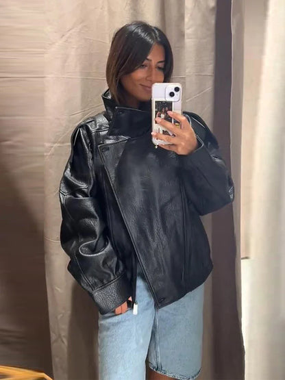 Street Stand Collar Women's Leather Jacket Loose Long Sleeve Zipper Pockets Chic Female Coats 2025 Autumn Winter Lady Outerwear