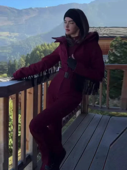Casual Solid Tassels Women's Ski Suit Zippers Fur Hooded Slim High Waist Lady Jumpsuits 2025 Winter Fashion Female Warm Skiwear