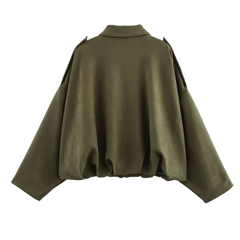 Women's Bomber Jackets Coats Fashion Turn-down Collar Long Sleeve Loose Coats Vintage Female Outerwear Chic Tops