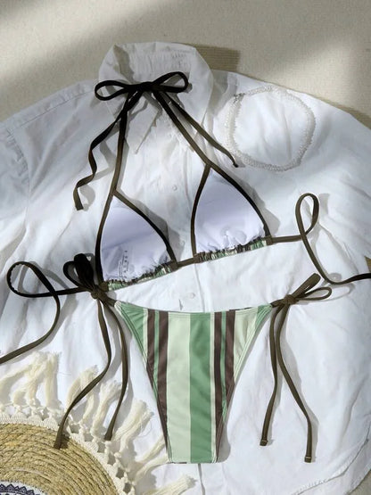 2025 New Bikini Sexy Striped Print Knot Triangle Separate Women's Swimsuit Triangular Split Sexy Swimwear Female Model