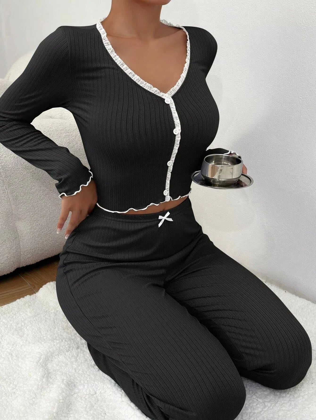 2025 Autumn Winter Homewear Pajamas Set for Women Long Sleeves Shirt Trousers 2 Pieces Sexy Lace Pijamas Sleepwear Loungewear