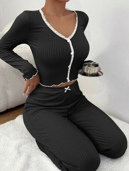 2025 Autumn Winter Homewear Pajamas Set for Women Long Sleeves Shirt Trousers 2 Pieces Sexy Lace Pijamas Sleepwear Loungewear