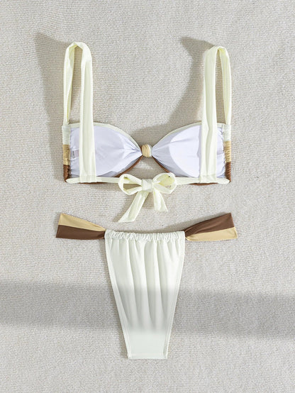 Circyy Contrast Color Swimwear Women Halter Pleated Bikini Set Two-piece Sexy Thongs Holiday Beach Bathing Suit Summer 2025 New