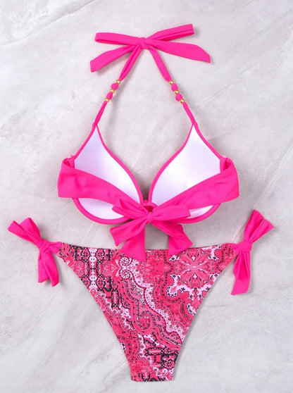2024 New Print 2-piece Swimsuit for Women,hard Cup Suspender Push Up Bikini Set,summer Beach Vacation Backless Bathing Suit