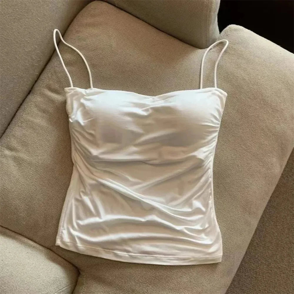 1 Pc Stylish Waist Pleated Corset - Soft support fixed chest pad sleeveless vest Sexy short top with thin straps Solid color