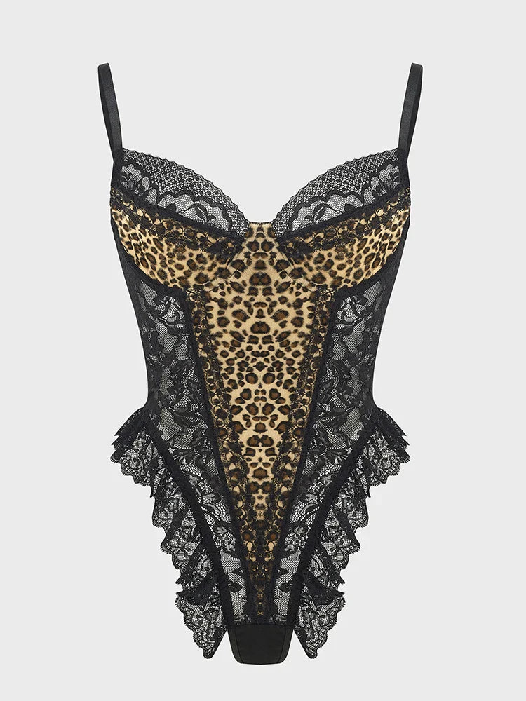 Sexy Lace Leopard Pattern Bodysuits Vintage Chic Slim Top Clothing Female Spaghetti Strap Sleeveless Backless Adult Shaper