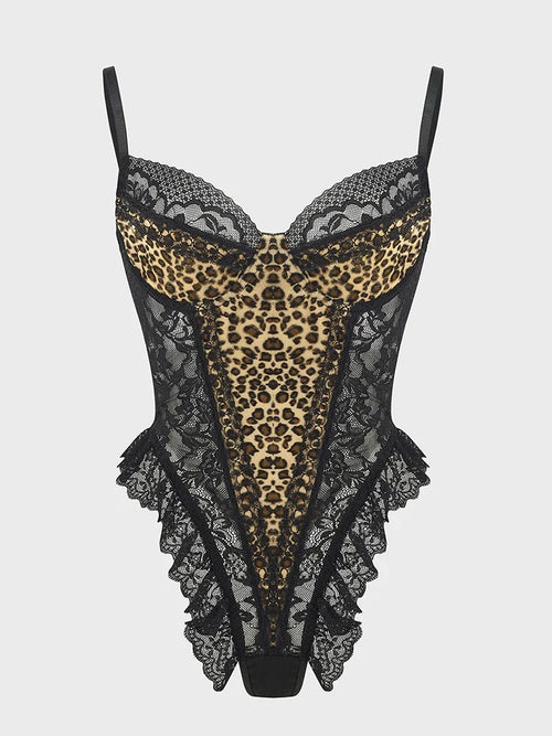 Sexy Lace Leopard Pattern Bodysuits Vintage Chic Slim Top Clothing Female Spaghetti Strap Sleeveless Backless Adult Shaper