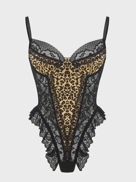 Sexy Lace Leopard Pattern Bodysuits Vintage Chic Slim Top Clothing Female Spaghetti Strap Sleeveless Backless Adult Shaper