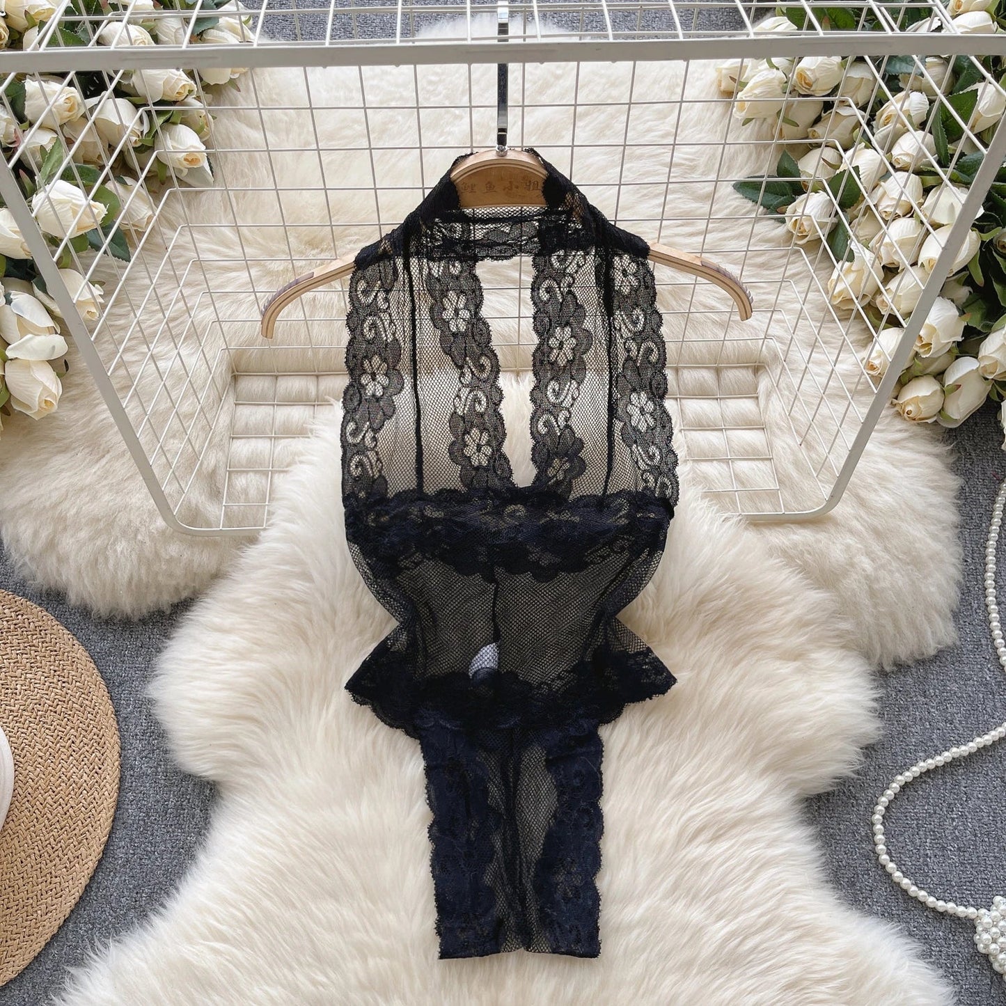 Sexy Lace Gauze Patchwork Strap Bodysuit Hollow Sleeveless Slim backless Women Erotic Lingerie Hotsweet Bow Night Maid Cosplay