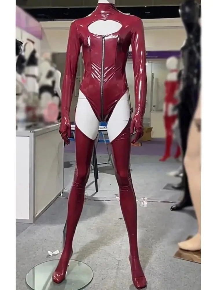 3PCS/SET Wet Look PVC Cosplay Outfit Catusit Shiny PU Leather Zipper Bust Open Crotch Bodysuit Tight Sexy Body Teddies Stockings