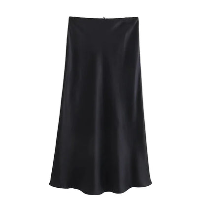 2024 Spring Women's Satin Bow-Decorated High-Waist A-Line Long Skirt - Vintage Chic Fashion