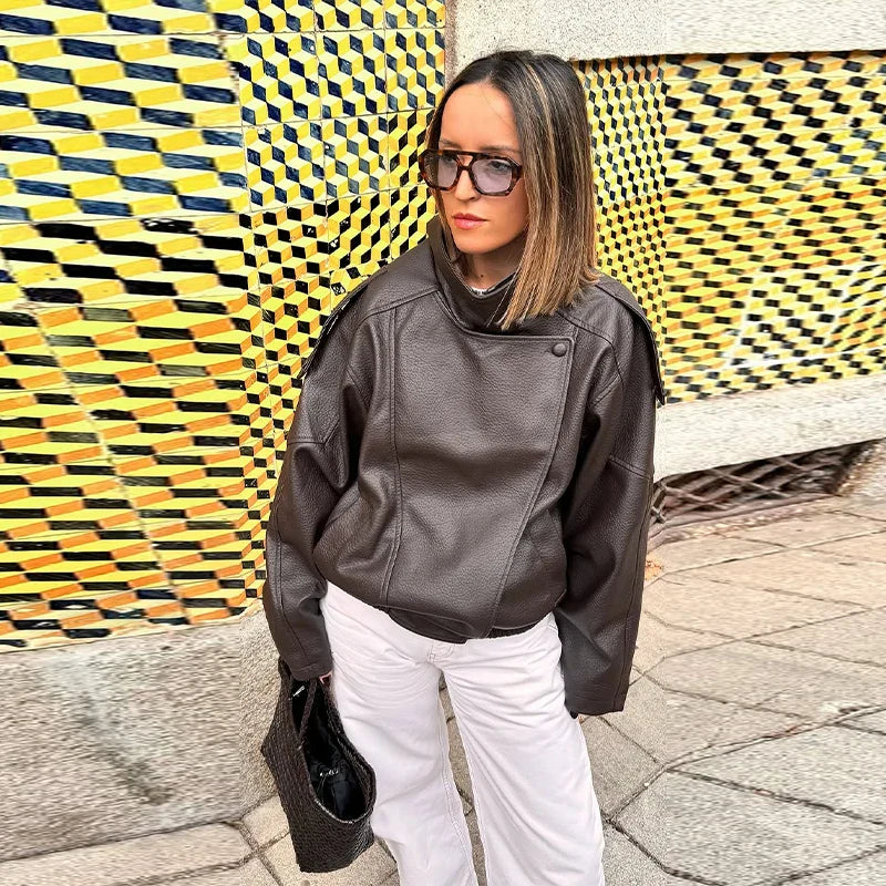Stand Collar Women's Jacket Full Sleeve Double Button Solid Female Leather Jackets 2025 Autumn Fashion High Street Lady Outwears