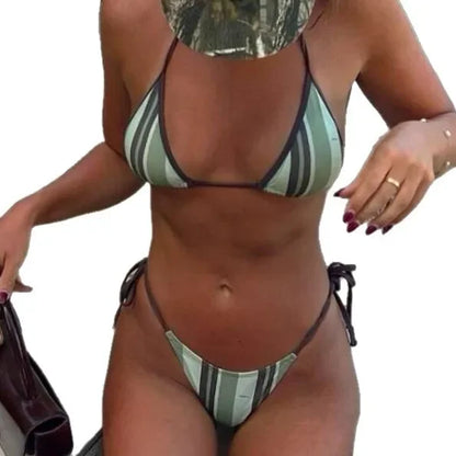 2025 New Bikini Sexy Striped Print Knot Triangle Separate Women's Swimsuit Triangular Split Sexy Swimwear Female Model