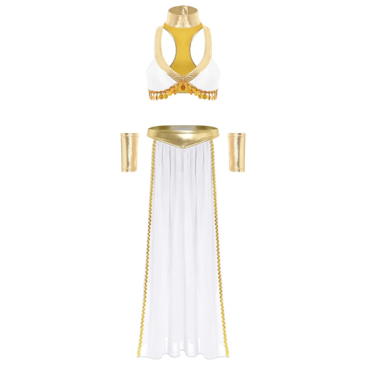 Women Halloween Cleopatra Ancient Egyptian Queen Sun Goddesses Cosplay Costume Crop Top with Skirt Choker Cuffs Belly Dance Set