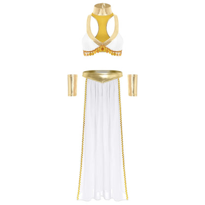 Women Halloween Cleopatra Ancient Egyptian Queen Sun Goddesses Cosplay Costume Crop Top with Skirt Choker Cuffs Belly Dance Set