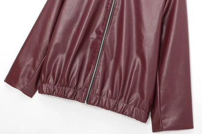HH Wine Red Faux Leather Jakcet Fashion Outerwear Thicken Zipper Lapel Pu Coats Autumn Winter Streetwear Ladies Tops Women