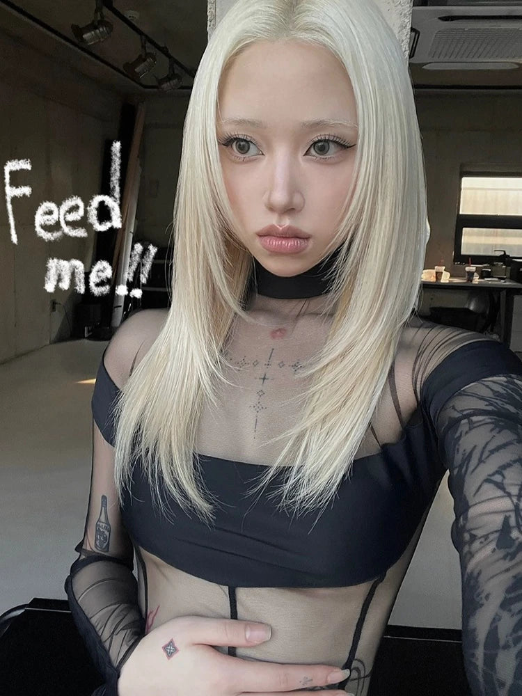 See Through Mesh Splicing Sexy Bodysuit Lingerie One-pieces Y2k Clothes Long Sleeve Body Feminino Hot Tops For Women Rave Outfit