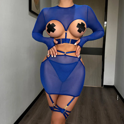 Diccvicc Long Sleeve Lingerie Sexy Sheer Mesh Porn Top Crotchless Skirt Naked Bandage Women Underwear Uncensored Erotic Costume