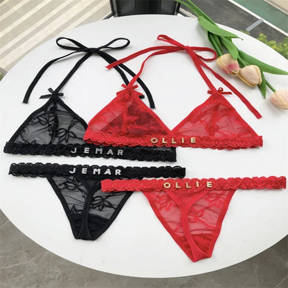 Custom Name Crystal Letter Thong Lace tie Hanging neck Bikini Bra Panties Sexy Personalized Name G-String Underwear Bra Set